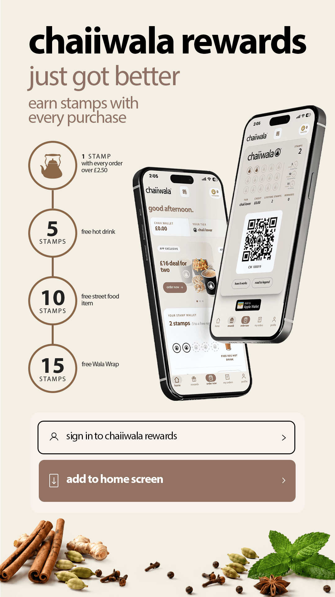 chaiiwala rewards just got better: earn a stamp with every order over £2.50, five stamps for a free hot drink, ten for a free street food item, fifteen for a free wala wrap, shown beside two phones running the chaiiwala ordering site
