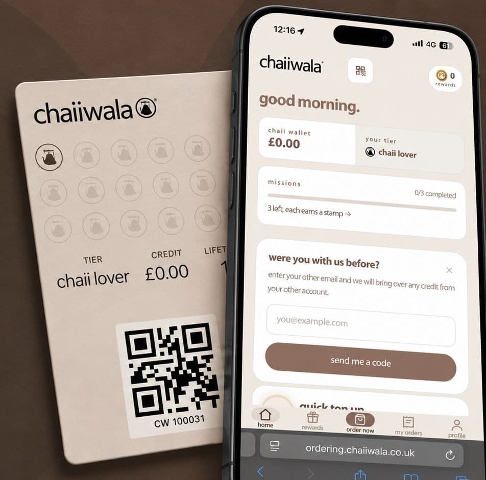 The chaiiwala stamp card and the rewards site open on a phone